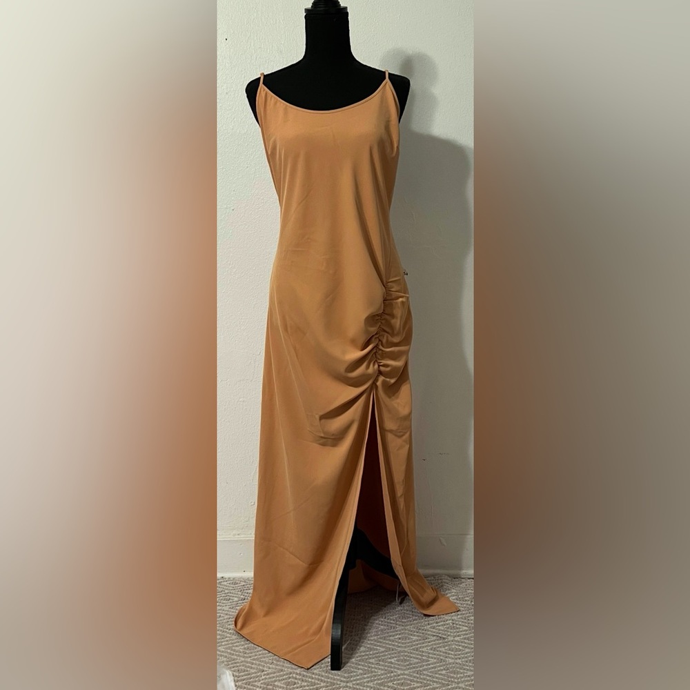 NEW WAYF Nordstrom Elegant Light Orange Ruched Dress Side Zipper Spaghetti Strap